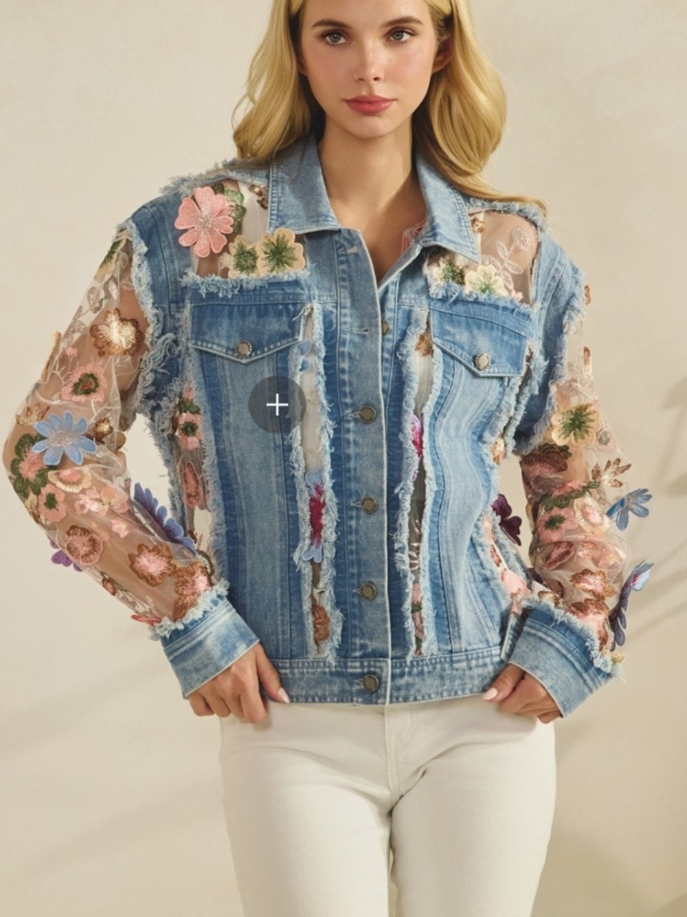 Western Floral Lace Appliqué Semi Sheer Button Down Frayed Jacket - Picture 7 of 10